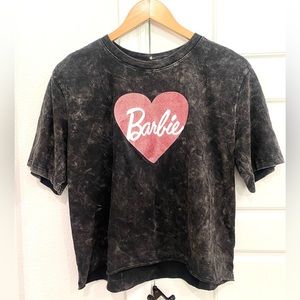 Barbie Grey Short Sleeve T Shirt Glittered Pink Barbie Heart Acid Wash Size L